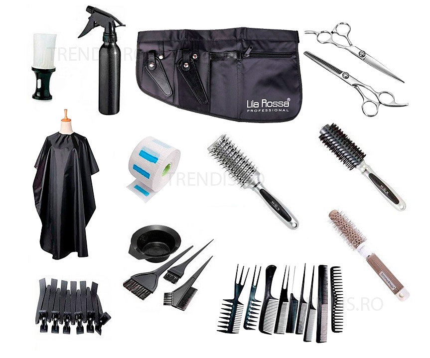 Set frizerie kit coafor complet cu sort foarfeca perii par Delmax trendis.ro Kit Frizerie - Set