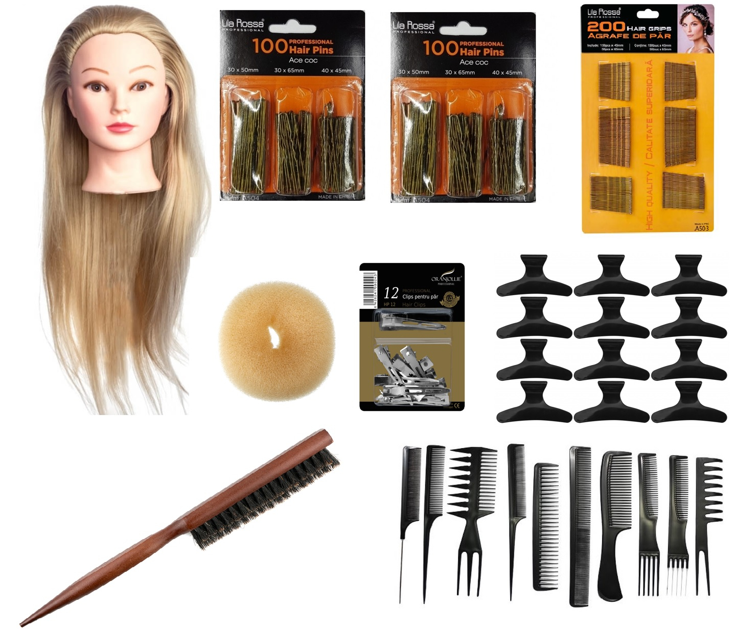 Set kit frizerie coafor complet Magic blond cu manechin salon agrafe ace de coc si agrafe trendis.ro Kit Frizerie - Set