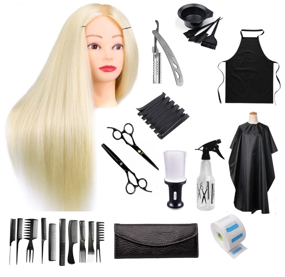 Set kit frizerie coafor complet Jasmin cu cap practica blond ,brici foarfeca tuns si filat trendis.ro imagine noua