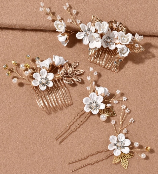 Set Ace si Piepten pentru Coc Faux Pearl Flower – 4Buc Birdye Bride imagine noua