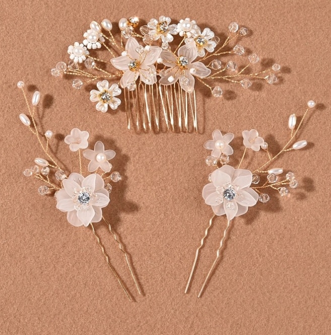 Accesoriu Mireasa Ace Coc si Piepten Faux Pearl & Flower – 3 buc Birdye Bride imagine noua