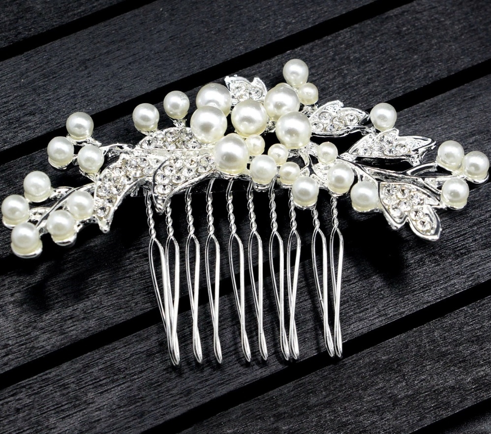 Accesoriu de Par pentru Mireasa, Argintiu Pearl Leaf Birdye Bride imagine noua
