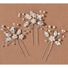 Ace de Coc Bridal Silver Flower Hairpin, Set 3 Piese - 3